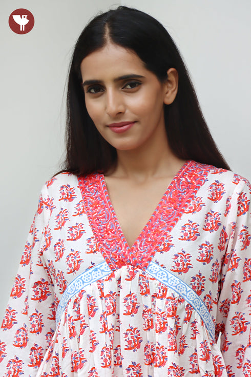 Cambric Cotton Gathered Dress in Floral Block Print