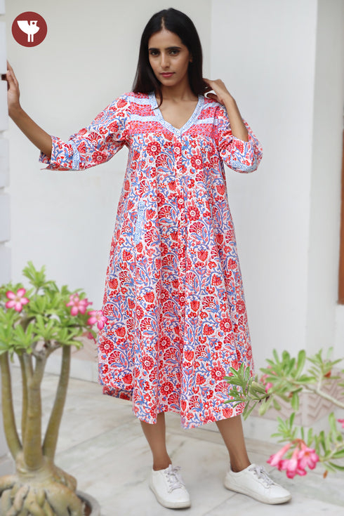 Cambric Cotton Dress in Floral Block Print