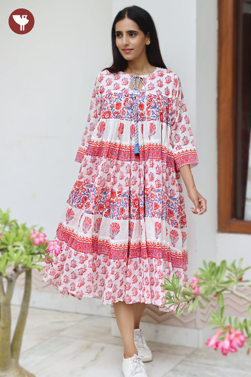 MulMul Cotton Tiered Dress in Floral Block Print