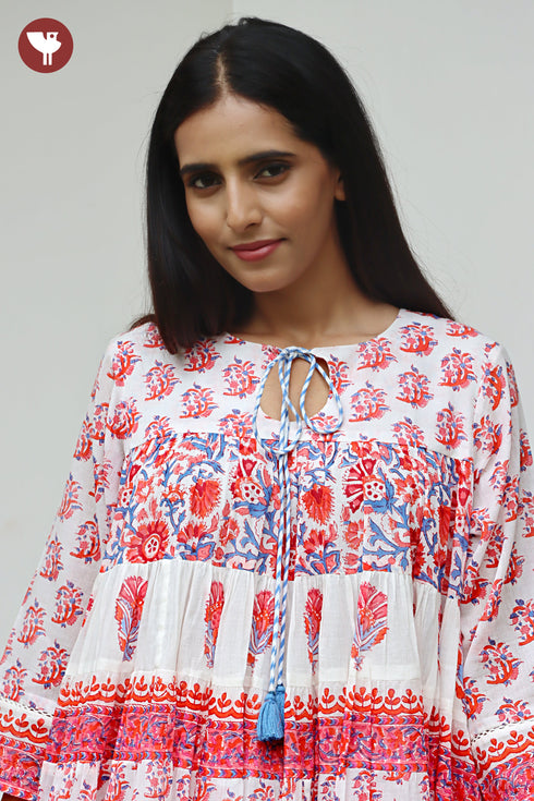 MulMul Cotton Tiered Dress in Floral Block Print