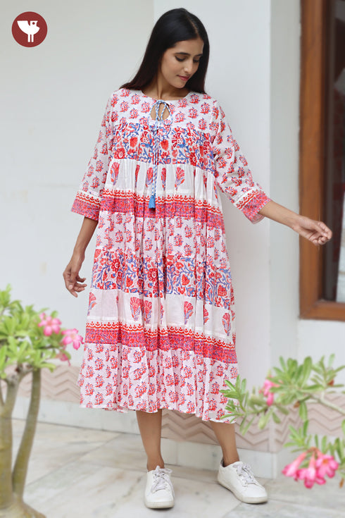 MulMul Cotton Tiered Dress in Floral Block Print