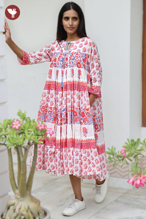 MulMul Cotton Tiered Dress in Floral Block Print