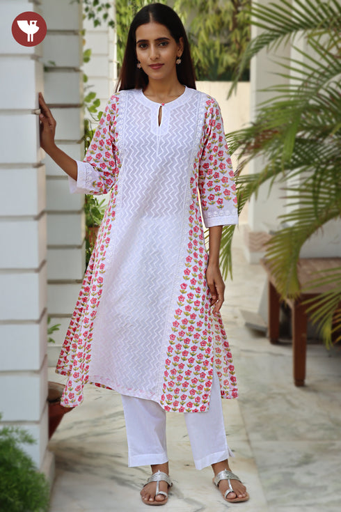 Terry Voile White KurtaFloral Block Print with Chikankari Embroidery