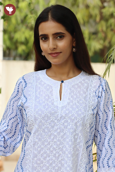 Terry Voile White KurtaFloral Block Print with Chikankari Embroidery