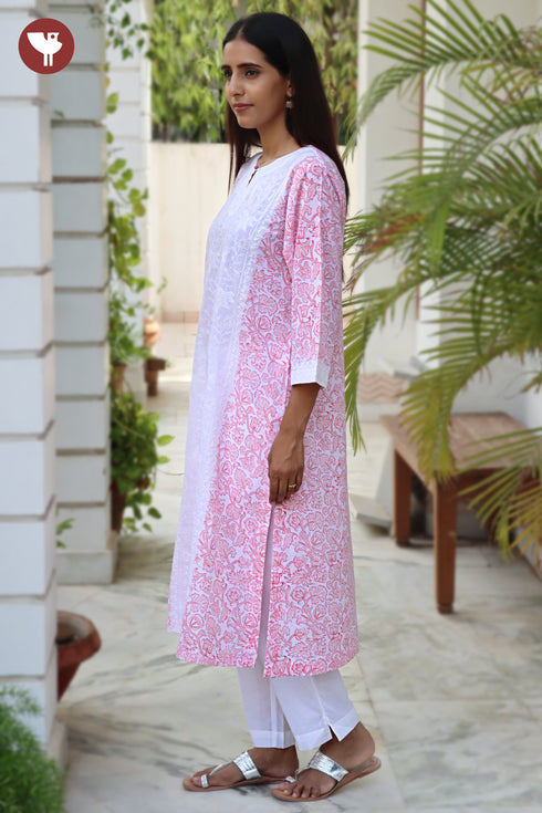 Terry Voile White Kurta Floral Block Print with Chikankari Embroidery