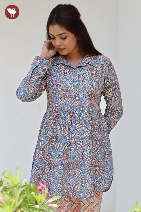 Cambric Cotton Gather Floral Top In Block Print