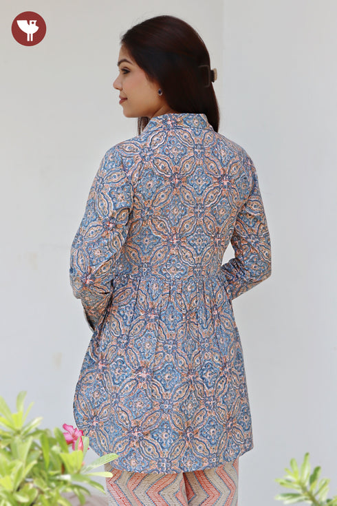 Cambric Cotton Gather Floral Top In Block Print