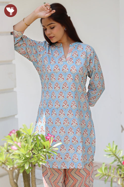 Cambric Cotton Kurta In Floral Block Print