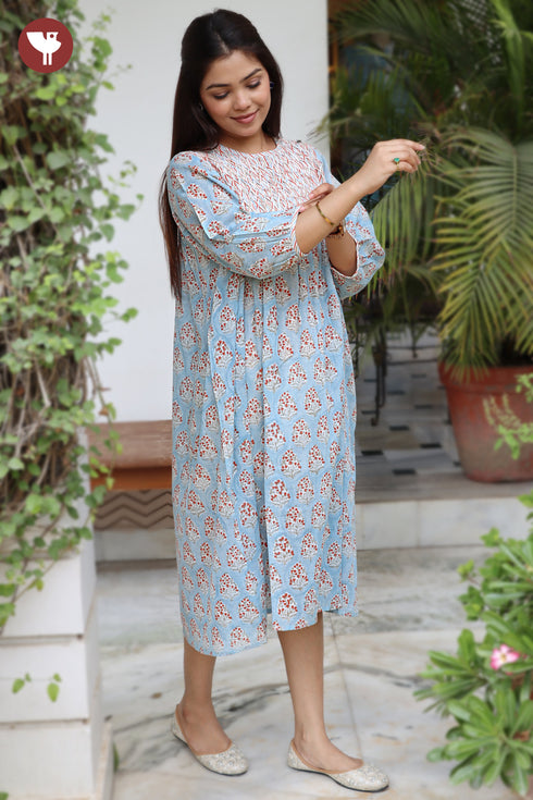 Mul Mul Cotton Pintuc Dress in Floral Block Print