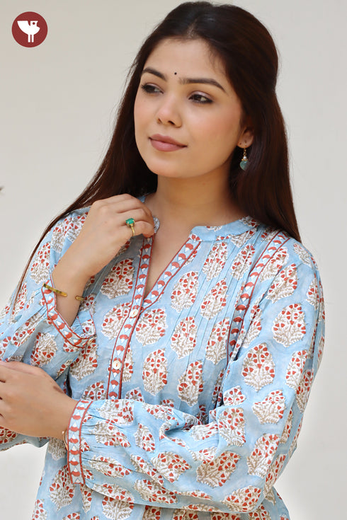 Mul Mul Cotton Pintuc Floral Top In Block Print