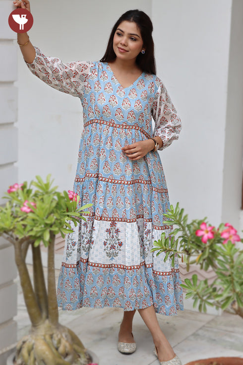Mul Mul Cotton Tiered Dress in Floral Block Print