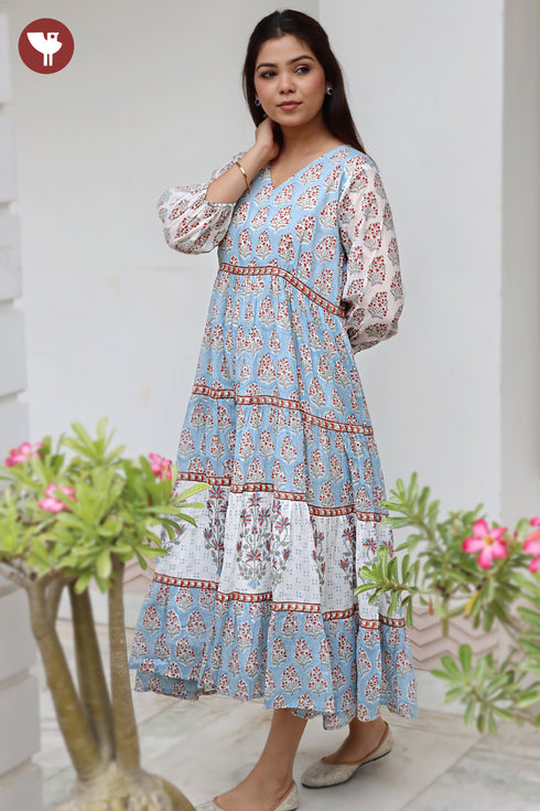 Mul Mul Cotton Tiered Dress in Floral Block Print