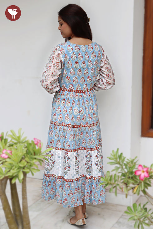 Mul Mul Cotton Tiered Dress in Floral Block Print