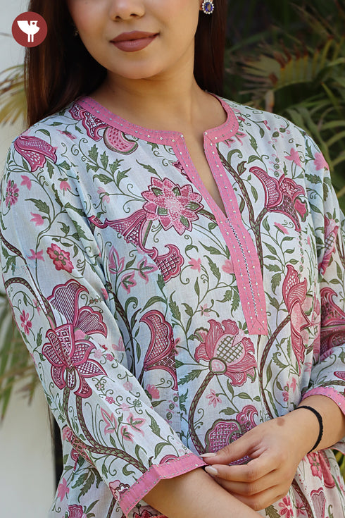 Mul Mul Cotton Steel Blue& Pink Floral Kurta