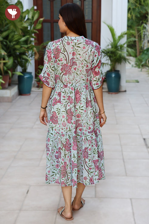 Mul Mul Cotton Cotton Steel Blue& Pink Floral Tier Dress
