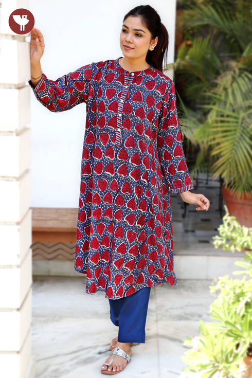 Rayon Navy Blue & Deep Burgundy Kurta in Block Print