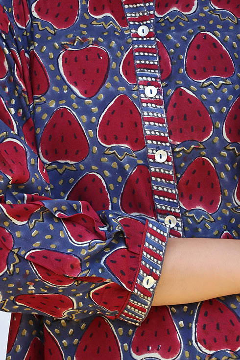 Rayon Navy Blue & Deep Burgundy Kurta in Block Print