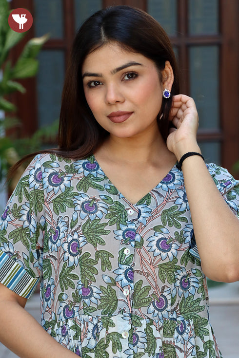 Mul Mul Cotton Purple Floral Print Tiered Dress.
