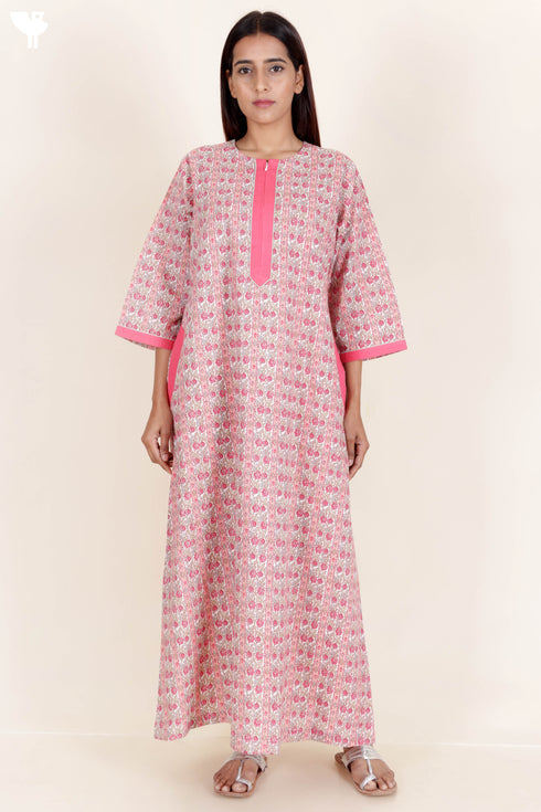 60’s Cotton Zipper Kaftan In Floral Print