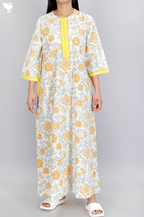 60’s Cotton Zipper Kaftan Full Sleeved In Floral Print