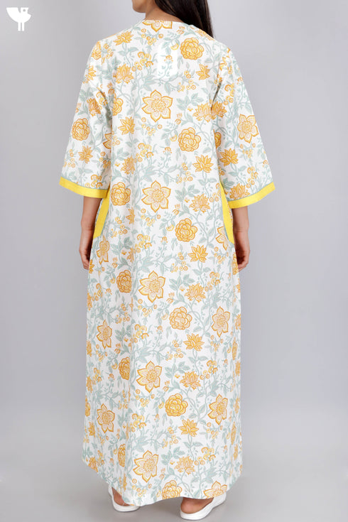 60’s Cotton Zipper Kaftan Full Sleeved In Floral Print