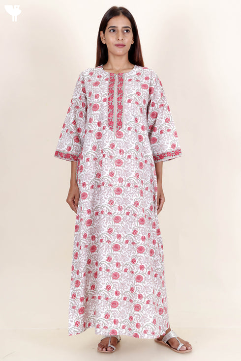 60’s Cotton Zipper Kaftan Full Sleeved In Floral Print