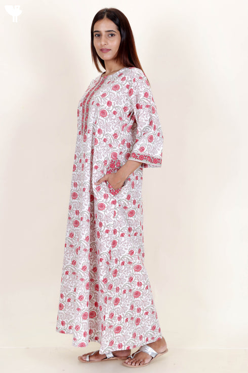 60’s Cotton Zipper Kaftan Full Sleeved In Floral Print