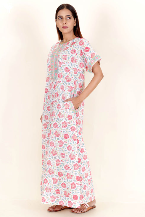 60’s Cotton Zipper Kaftan In Floral Block Print
