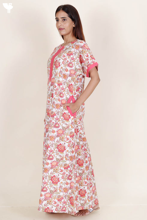 60’s Cotton Zipper Kaftan In Floral Print