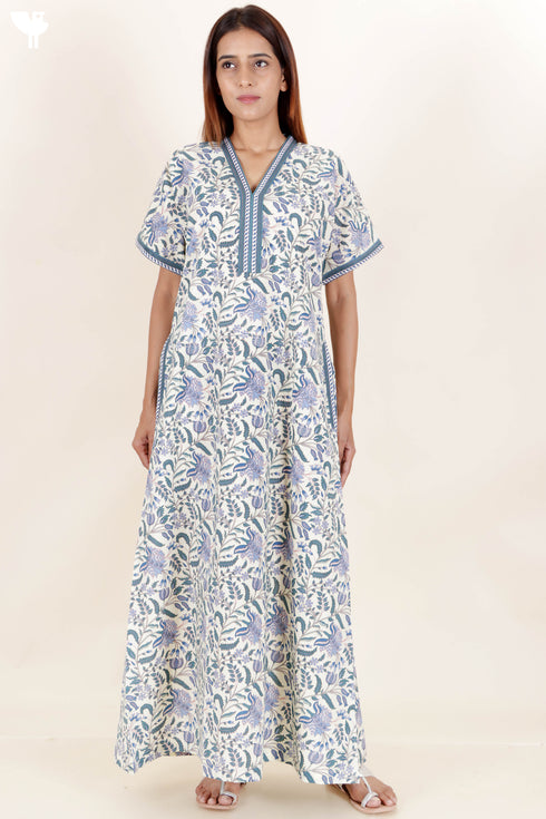 60’s Cotton Short Sleeve Kaftan In FloralPrint