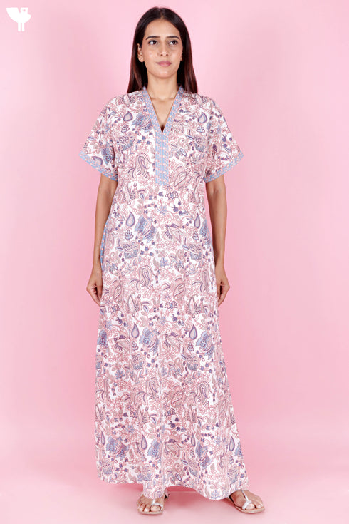 60’s Cotton V-neck Kaftan In Floral Print