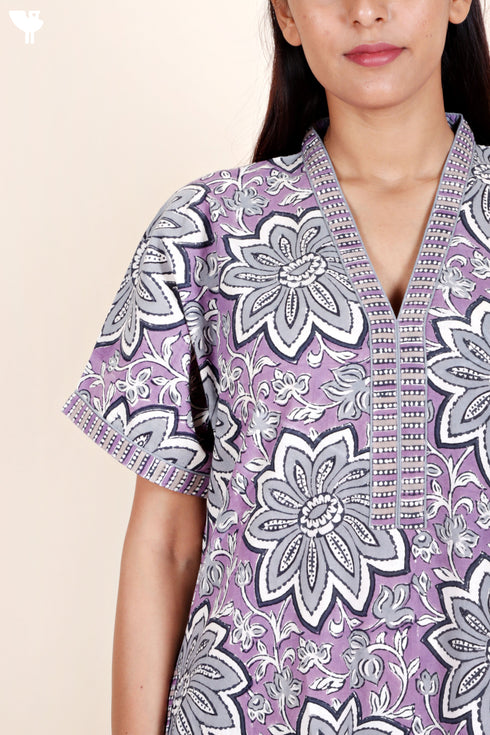 60’s Cotton Short Sleeve Kaftan In Floral Block Print