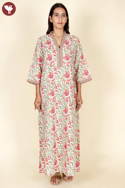 60’s Cotton V-Neck Full Sleeve Kaftan In Floral Print