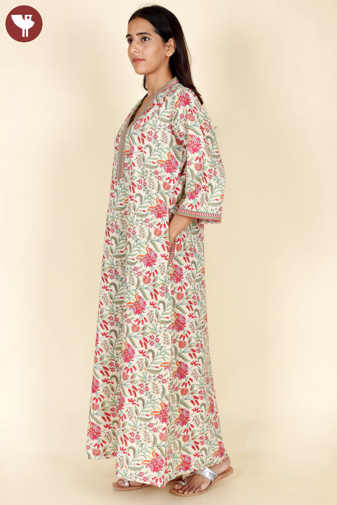 60’s Cotton V-Neck Full Sleeve Kaftan In Floral Print
