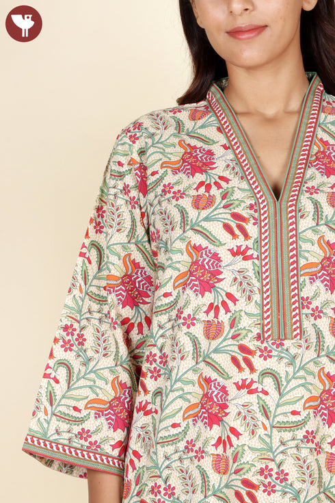 60’s Cotton V-Neck Full Sleeve Kaftan In Floral Print