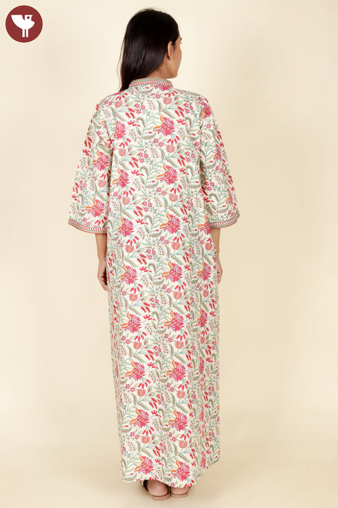 60’s Cotton V-Neck Full Sleeve Kaftan In Floral Print