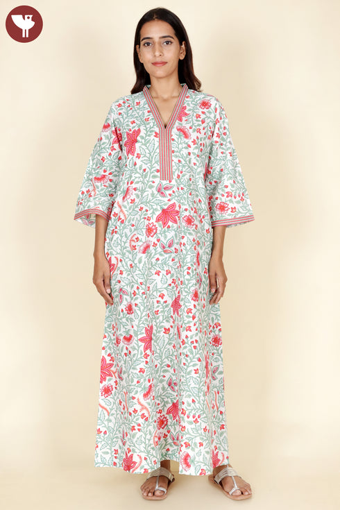60’s Cotton V-Neck Sleeved Kaftan In Floral Print