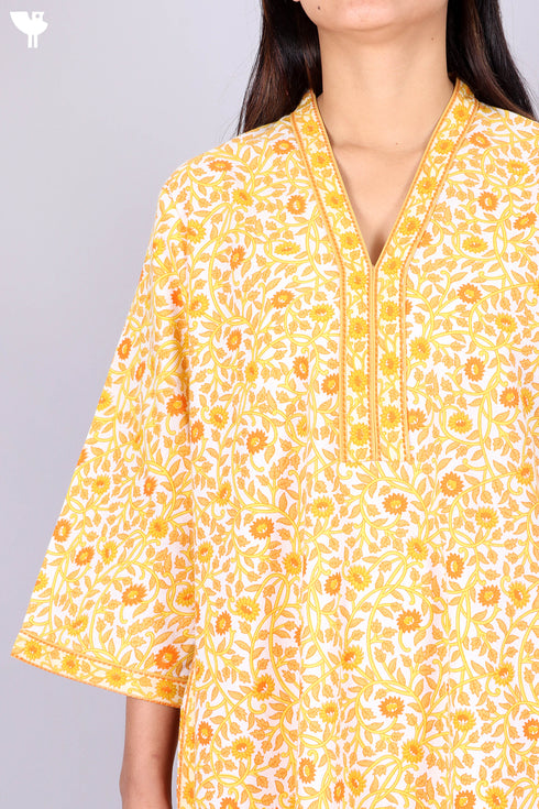 60’s Cotton V-Neck Full Sleeved Kaftan In Floral Print
