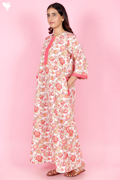 60s Cotton Zipper Front Kaftan In Floral Print