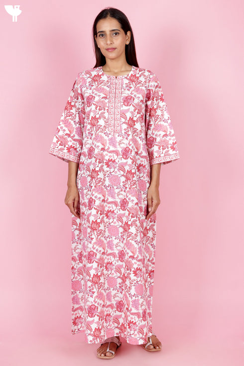 60s Cotton Zipper Front Kaftan In Floral Print