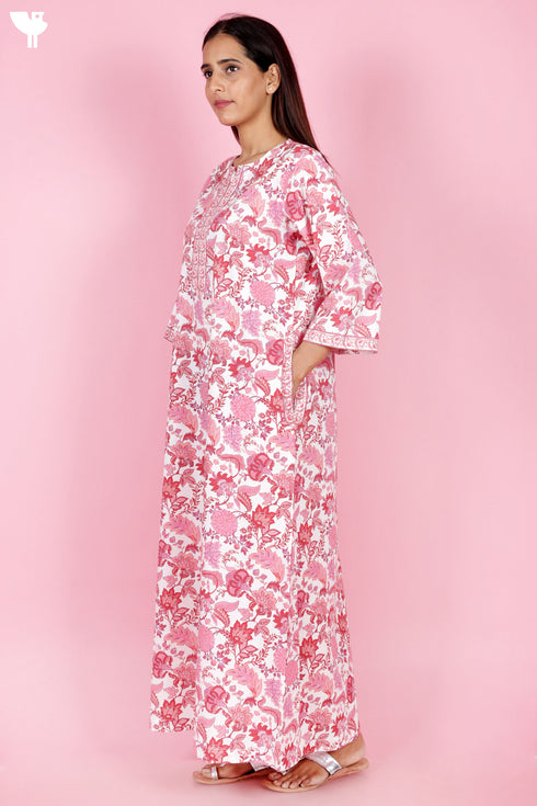 60s Cotton Zipper Front Kaftan In Floral Print