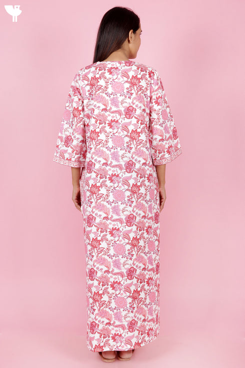 60s Cotton Zipper Front Kaftan In Floral Print