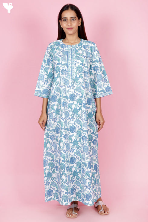 60s Cotton Zipper Front Kaftan In Floral Print