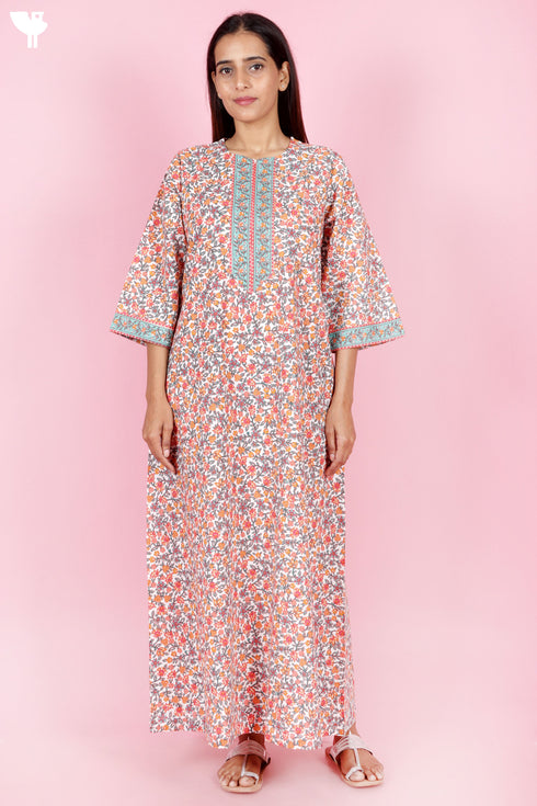 60s Cotton Zipper Front Kaftan In Floral Print