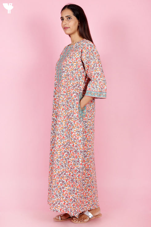 60s Cotton Zipper Front Kaftan In Floral Print