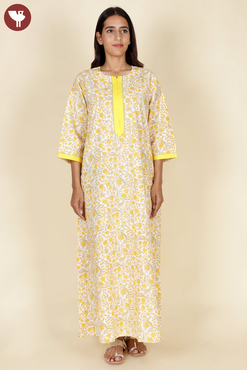 60’s Cotton Full Sleeve Zipper Kaftan In Floral Print