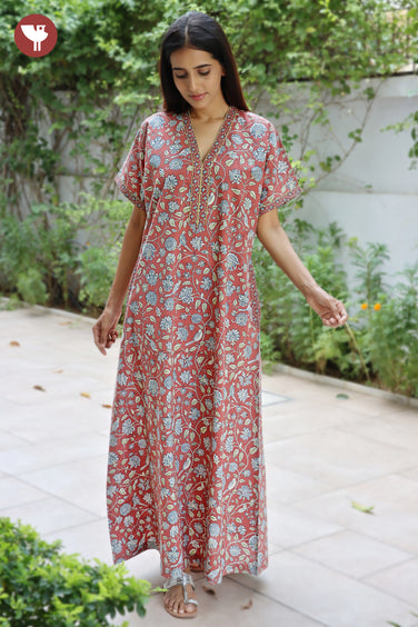 60’s Cotton V-neck Kaftan In Floral Print