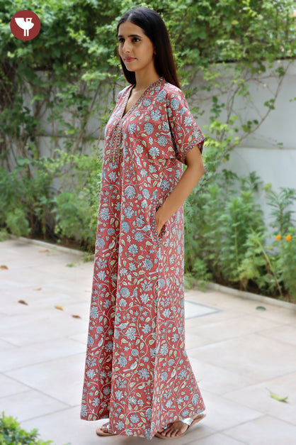 60’s Cotton V-neck Kaftan In Floral Print