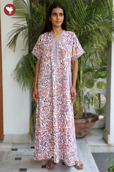 60’s Cotton V-neck Kaftan In Floral Print
