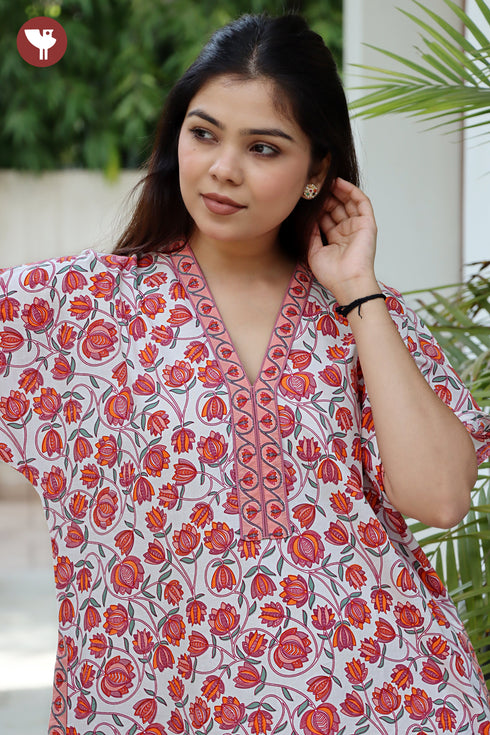 60s Cotton Peach Pink & Orange Floral Kaftan.